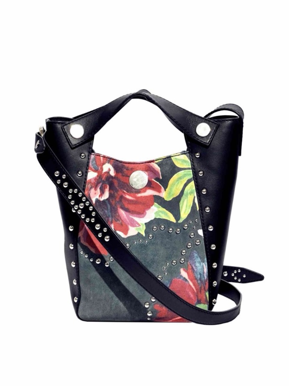 3.1 Phillip Lim Black Leather Lim Floral Dolly Tote with Red Floral Panel